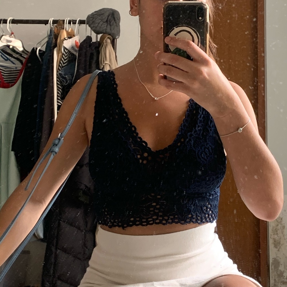 Navy lace-detail crop top